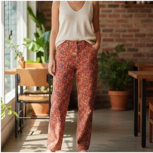 Zara Printed Tapered Leg Pants Red Floral Workwear Utility Patch Pockets 32